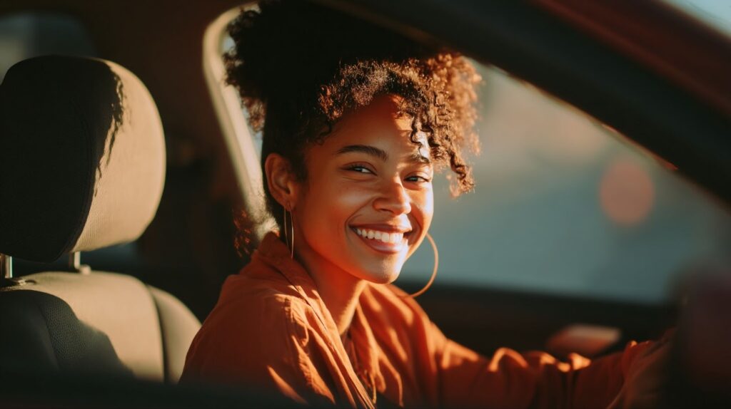 A lady takes a used car for sale for a test drive.
