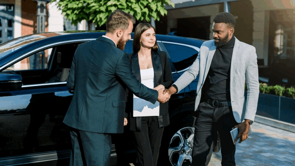 Men shake hands after a safe and efficient car sale